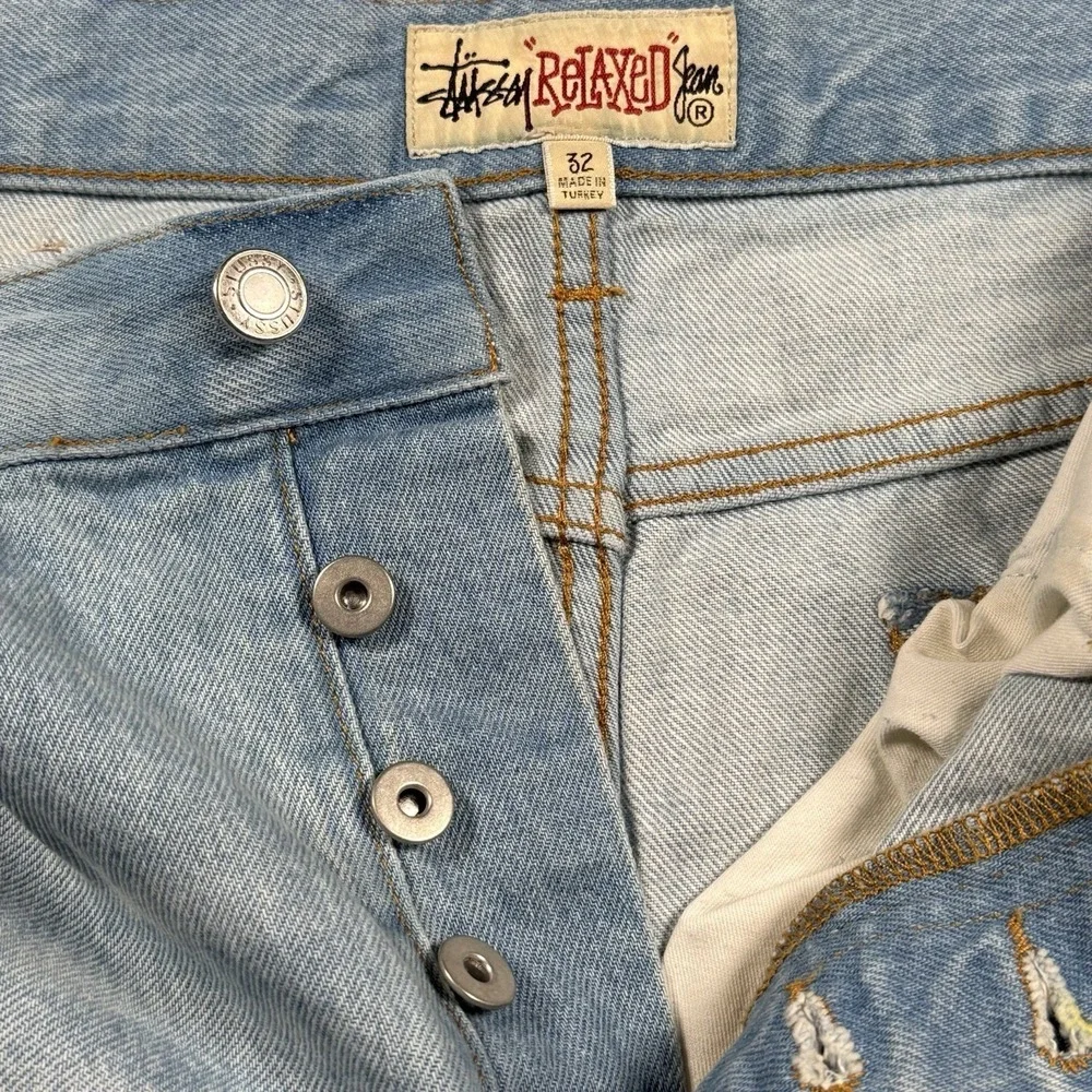 Stussy Relaxed Fit Light Wash Denim Jeans Mens 32 Baggy Skate Grunge Distressed
